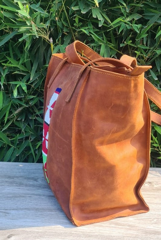Pull Up Leather Weekender Tote Bag - Maasai Beaded
