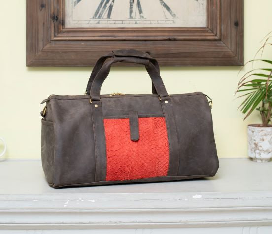 Pull Up Leather Travel Bag - with Fish leather on exterior pocket